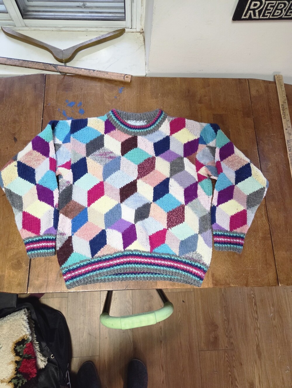 Vintage 80s Hand Knit Tumbling Blocks 3D Geometric Illusion Wool Sweater M